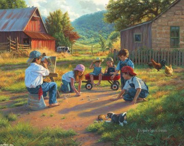 jouer des enfants à la maison de campagne avec chiot vache poulet enfants animaux Peinture à l'huile